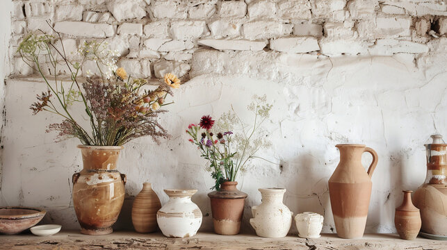 Still Life with Earthy Pottery and Flowers Against a Whitewashed Brick Wall - Powered by Adobe