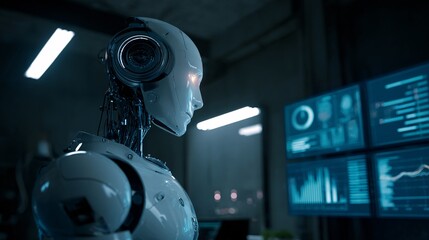 AI robot assistant in a dark high-tech office projecting floating holographic charts and data.