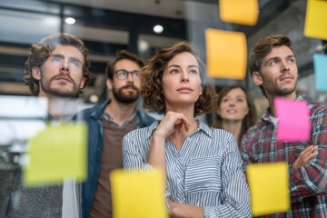 Group of Young Professionals Analyzing Ideas on Sticky Notes in Modern Office Setting with Creative Brainstorming Session