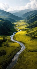 Aerial view winding river valley, green hills, sunlight, mountains background; travel poster