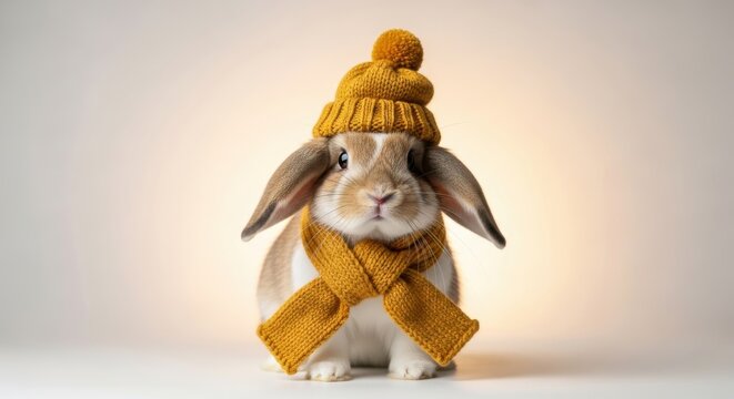 Adorable rabbit in a knitted hat and scarf looks directly into the camera