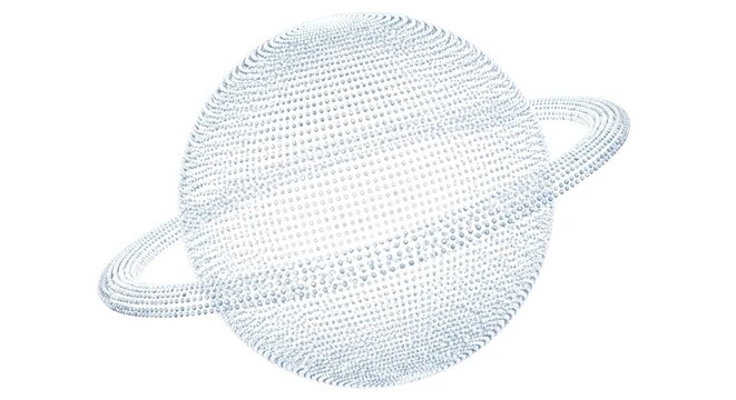 Abstract shimmering planet illustration with rings of tiny spheres in ethereal rendering - Powered by Adobe