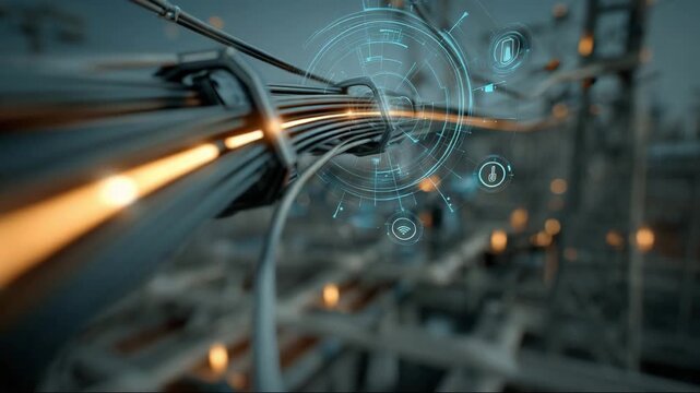 Abstract closeup of futuristic cables with digital interface elements  