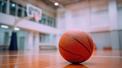 Basketball on Court: Close-Up Focus for Sports, Recreation, and Competition Visuals in Gymnasium Setting