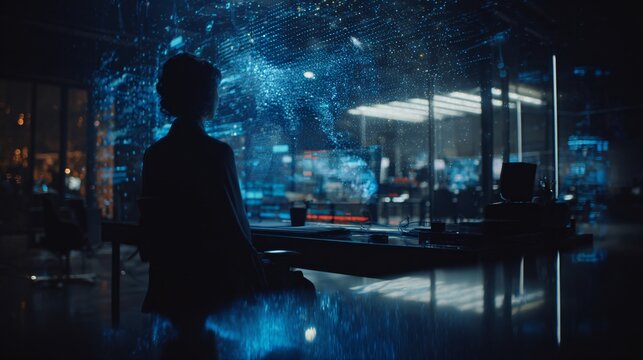 Futuristic AI assistant projecting glowing holographic data in a dark, sleek tech office. - Powered by Adobe
