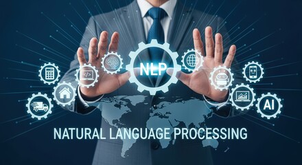 Natural Language Processing Abstract Concept: Man Presenting Modern Technology and Artificial Intelligence Development