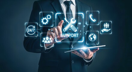 Digital Support Services: Businessman Navigating Online Assistance Tools on Tablet for Enhanced Customer Experience