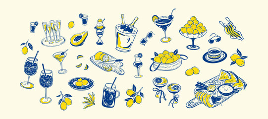 Summer bar blue and yellow design elements. Cocktails, champagne bottle and glasses, limoncello, martini sketch. Italian, French, Greek Mediterranean Sea vacation. Whimsical background
