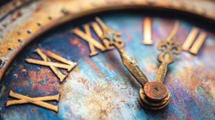 Close-up view of antique clock face with roman numerals.