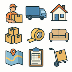 Moving and relocation icon set including moving truck boxes house tape furniture map clipboard and hand truck for web and graphic design projects