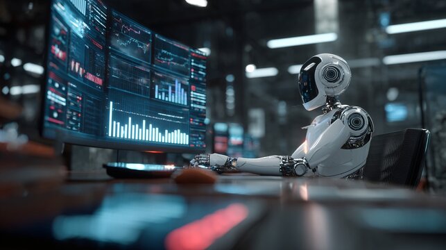 High-tech office scene with AI robot projecting floating holographic charts. - Powered by Adobe