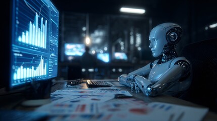 High-tech office scene with AI robot projecting floating holographic charts.
