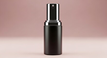 Black cosmetic spray bottle with silver cap on pink background