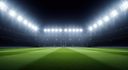 Illuminated rugby stadium at night with bright spotlights shining on the green grass field and goalposts