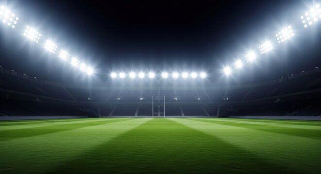 Illuminated rugby stadium at night with bright spotlights shining on the green grass field and goalposts