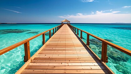 Obraz premium Tropical wooden pier extends to horizon