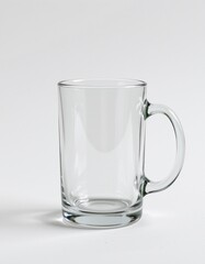 Create an image of an empty double wall glass mug on a white background, placed under soft diffused lighting