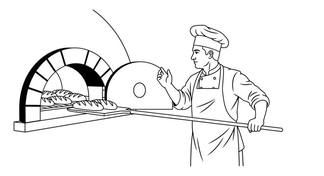 baker removing bread from oven, black and white clip art preview