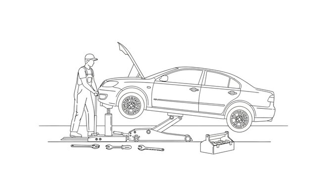 mechanic lifting car, tools, black and white clip art preview