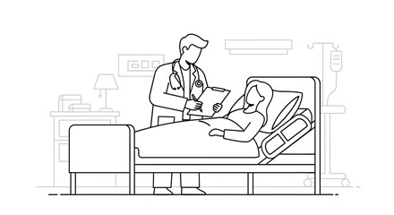 Male doctor with stethoscope and clipboard visiting a female patient resting in a hospital bed, line art style.