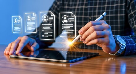 Digital Resume Selection Process: Man Using Tablet to Review Online Job Applications and Candidate Profiles