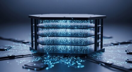 Intricate network hub with glowing digital streams connecting to processors