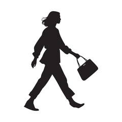  Black vector silhouette of a woman walking, holding a handbag in one hand. 