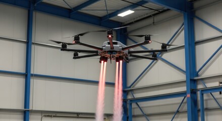 Modern high-tech drone displaying two streams of fire in a warehouse for innovative technology and