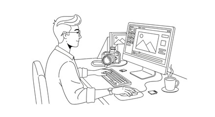 Man Working on Computer with Camera and Coffee, Line Art
