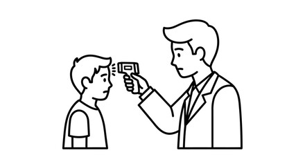 Minimalist line art of a man in a coat using a non-contact infrared thermometer to check a boy's temperature.