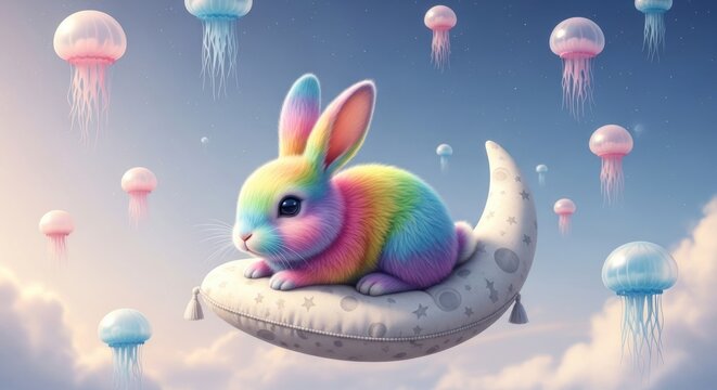 Rainbow bunny resting on a moon pillow amidst a whimsical jellyfish sky panorama - Powered by Adobe