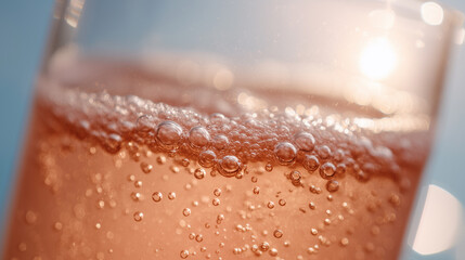 Macro close up of bubbles in a glass of pink sparkling rose wine in the sunlight