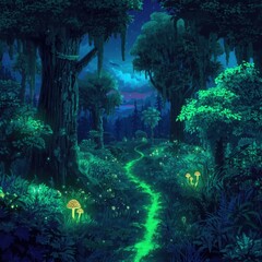 Enchanted Forest Pathway Illuminated by Bioluminescent Flora and Gentle Moonlight