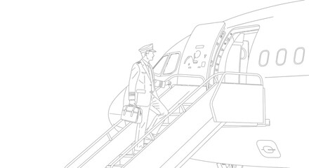 Fototapeta premium Pilot Ascending Airplane Stairs with Briefcase, Professional Aviation Attire
