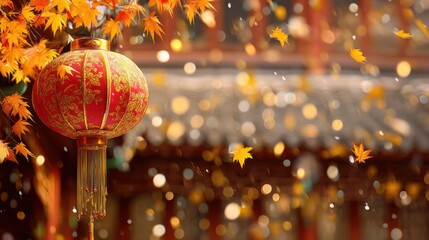 A red Chinese lantern hangs among golden autumn leaves with softly blurred traditional East Asian architecture in the ba