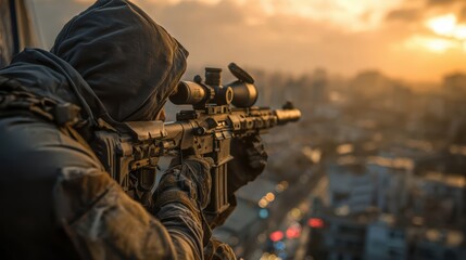 Special forces sniper on rooftop aiming through rifle scope in urban environment, captured from dutch angle to highlight tactical precision, security readiness, and law enforcement operations.