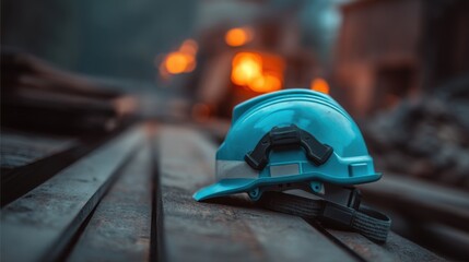Fototapeta premium A blue hard hat rests on a weathered wooden surface with industrial equipment glowing in the warm orange yellow backgrou