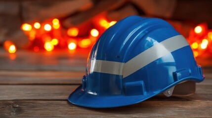 A blue construction helmet with a white stripe rests on a wooden surface,