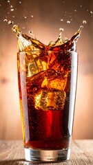 Refreshing Cola Drink with Ice Cubes Creating a Dynamic Splash on Wood Backdrop