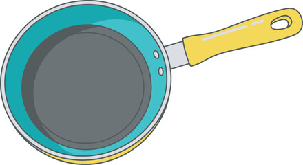 Topdown view of a colorful cartoon frying pan with a teal exterior grey nonstick surface and a yellow handle