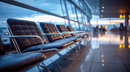 Fototapeta premium Row of Empty Seats in a Modern Airport Terminal Waiting Area with Window View