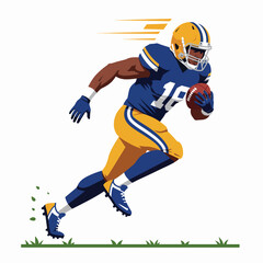 A football player in blue and yellow uniform runs with the ball, motion lines indicating speed and action.