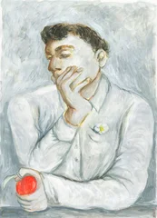 young man with apple. watercolor illustration © Anna Ismagilova
