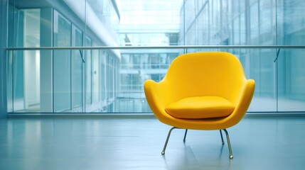 Fototapeta premium A modern office space features a sleek yellow armchair with a matching cushion, metal legs,