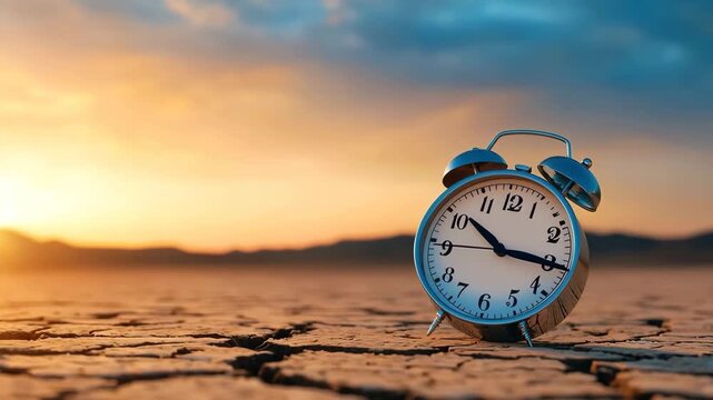 Alarm clock time cracked earth drought climate sunrise urgency environmental crisis concept hope dramatic sky emotional nature