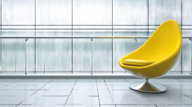 A yellow egg-shaped lounge chair with a gold cushion sits in front of a large window in a modern airport terminal settin