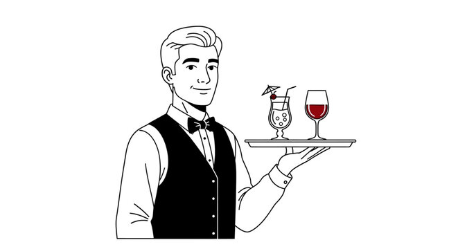 waiter serving drinks on tray, black and white clip art preview