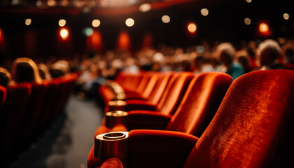 Cozy theater ambiance with red velvet seating and dim background