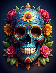 Colorful skull adorned with flowers (1)