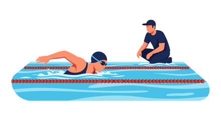 Swimmer in blue cap and goggles practicing freestyle stroke in a pool, observed by a kneeling coach.